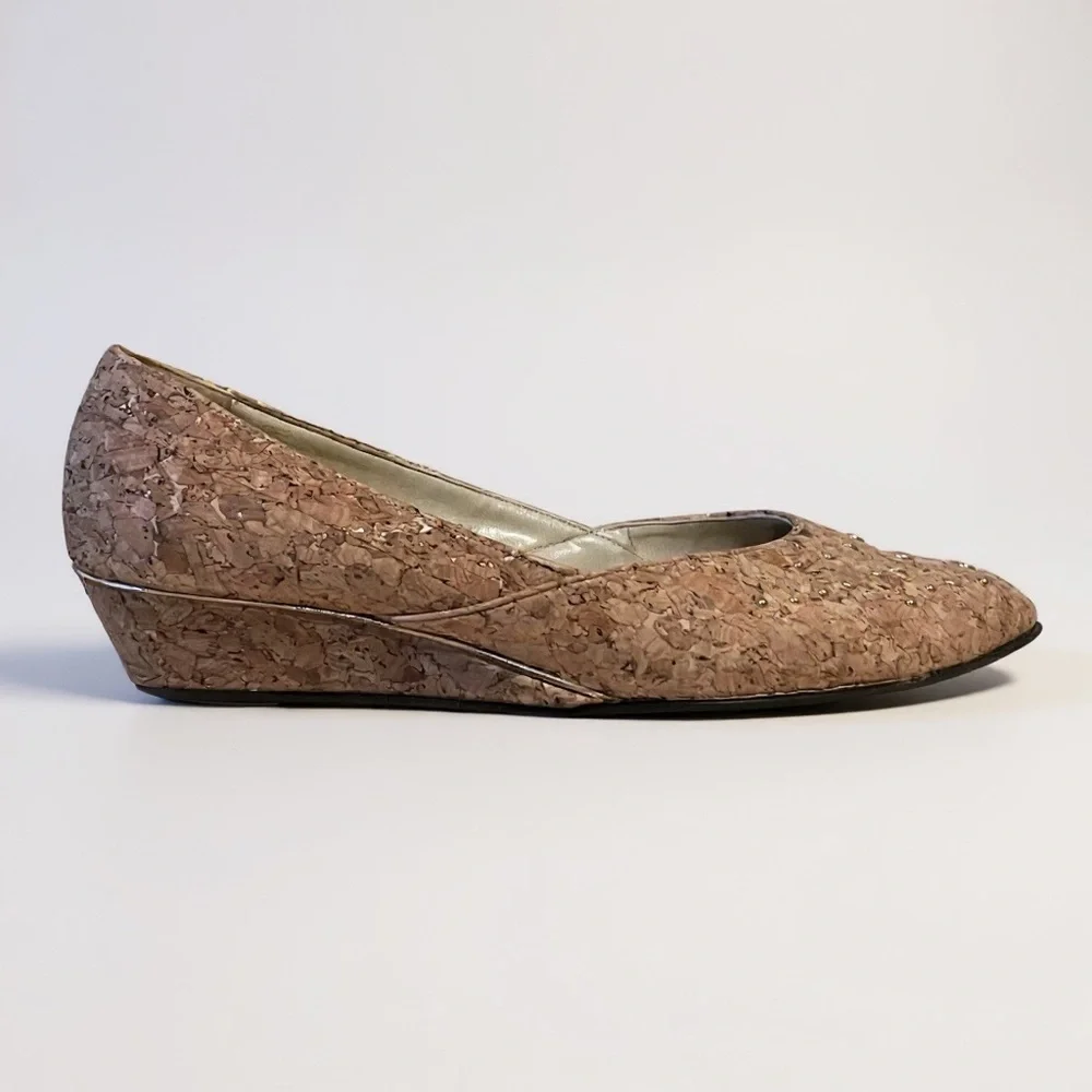 Vintage 1980s Rosina Ferragamo Schiavone Womens Wedge Heel Sz 9 Tan Cork Studded